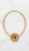 Bloom Éblouissant 22K gold flower necklace with sculptural pendant on microball chain
Close-up of Bloom Éblouissant polished 22K gold floral pendant necklace
Bloom Éblouissant necklace in 22K gold with White Sapphire detail
Handcrafted 22K gold microball chain necklace with layered flower pendant
