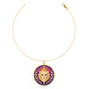 1. Verexion handcrafted 18k yellow gold pendant necklace with lion head relief and purple resin field
2. Ascension Verexion gold pendant with laurel rays sword motif and satin resin gradient
3. Close-up of Verexion pendant in 18k yellow gold with orchid-violet and royal purple resin detail
4. Modern heraldic luxury necklace in 18k gold with sculptural lion crest pendant