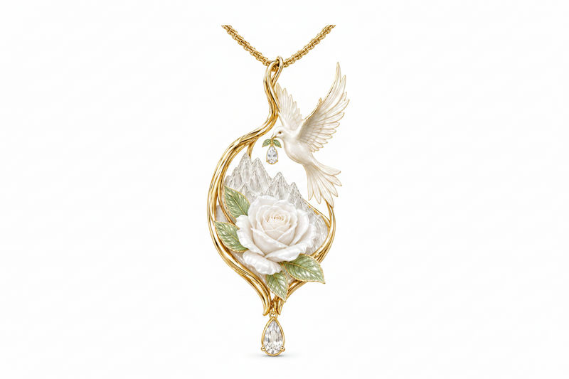 Sauge en Lumière dove necklace in white jadeite with diamond teardrops
Handcrafted luxury necklace with white agate rose and frosted rock crystal mountains
White jadeite dove pendant with gray spinel eye in gold setting
Aurora Perpetua necklace with carved chrome tourmaline leaves and diamond details